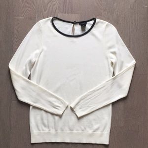 Ann Taylor Crew Neck w/ Leather, cream/black